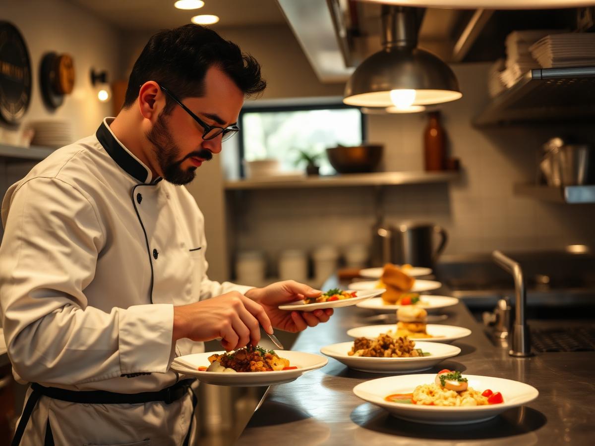 Restaurant owner plating a dish in a neighborhood kitchen