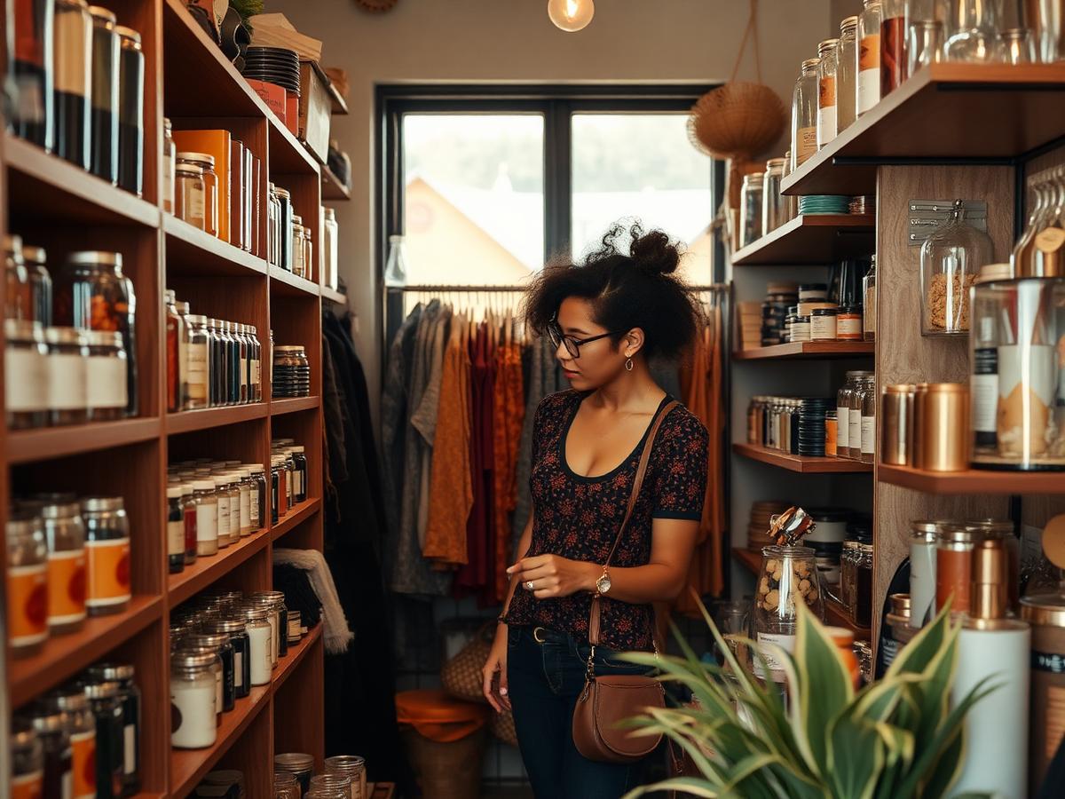 Boutique owner arranging products on a shelf
